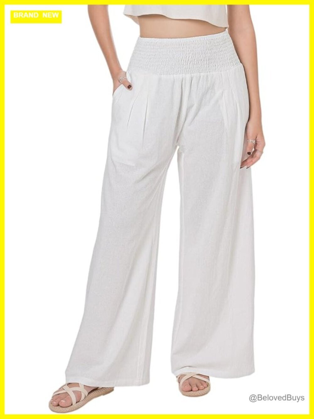 Women Summer Flowy Cotton Linen Palazzo Wide Leg Pants Beach High Waisted